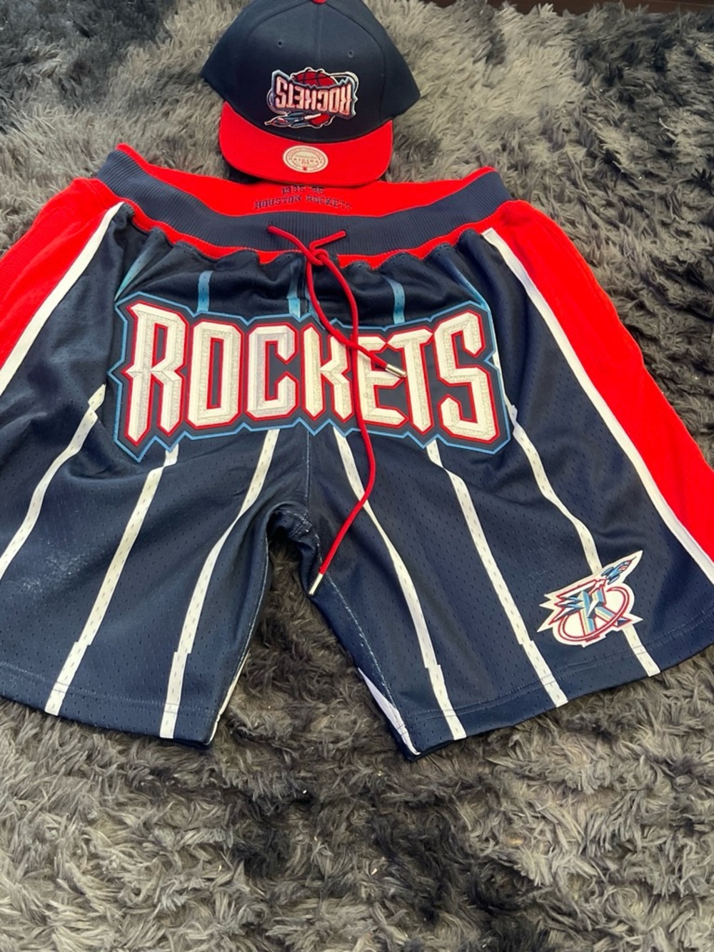 Mitchell & Ness Navy, Just Don Red & White Rockets Basketball Shorts and Hat